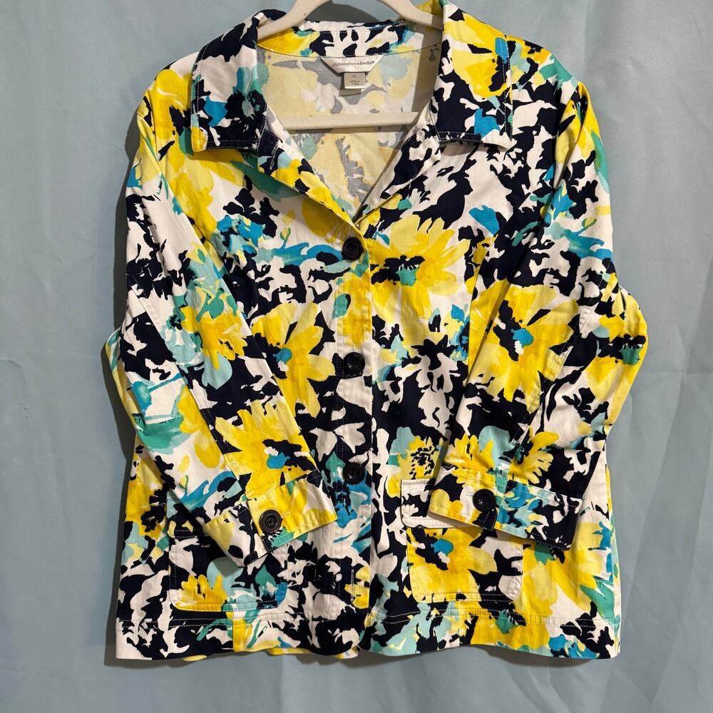 CJ Yellow Floral Print Blazer Jacket XL Cotton Blend 3/4 Sleeve Summer Stretch